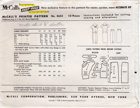 1950’s McCall's Two Piece Dress with Billowy Back - Bust 38” - No. 4653