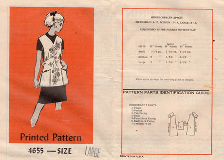 1960's Anne Adams Cobbler Apron Pattern with Rose transfer - Bust 38-40" - No. 4655