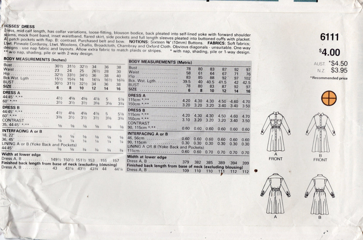 1980's Butterick Shirtwaist Button Up Dress Pattern - Bust 30.5-32.5" - No. 6111