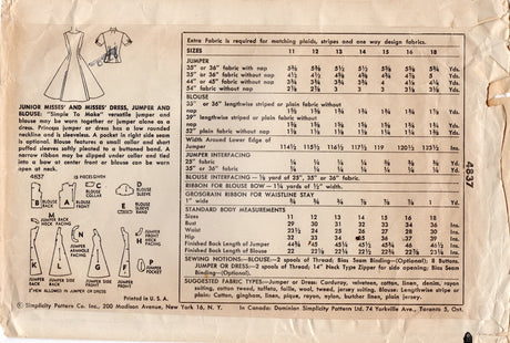 1950’s Simplicity Princess Line Jumper Dress and Blouse Pattern - Bust 36" - No. 4837