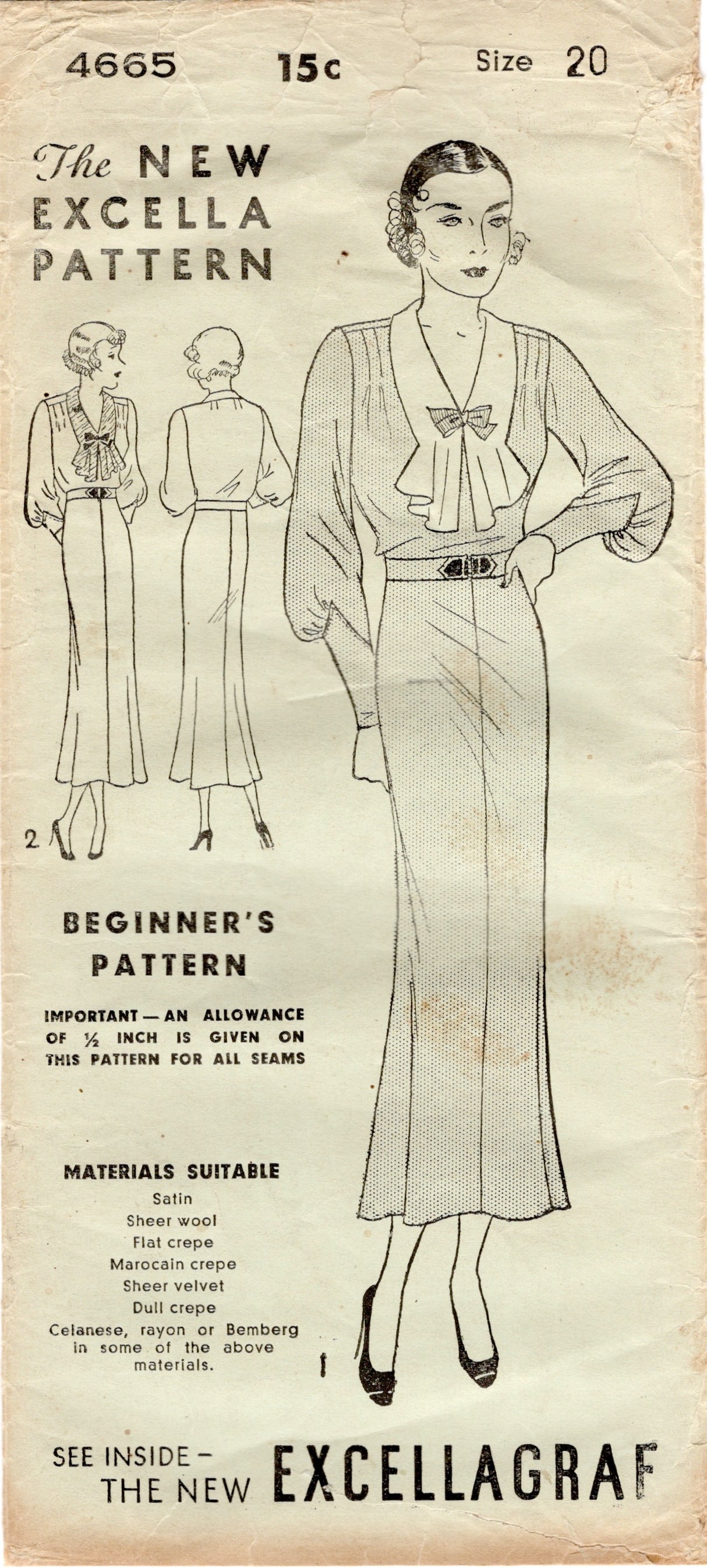 1930's Excella One Piece Dress Pattern with Large Jabot Collar and Bishop Sleeve - Bust 38" - No. 4665
