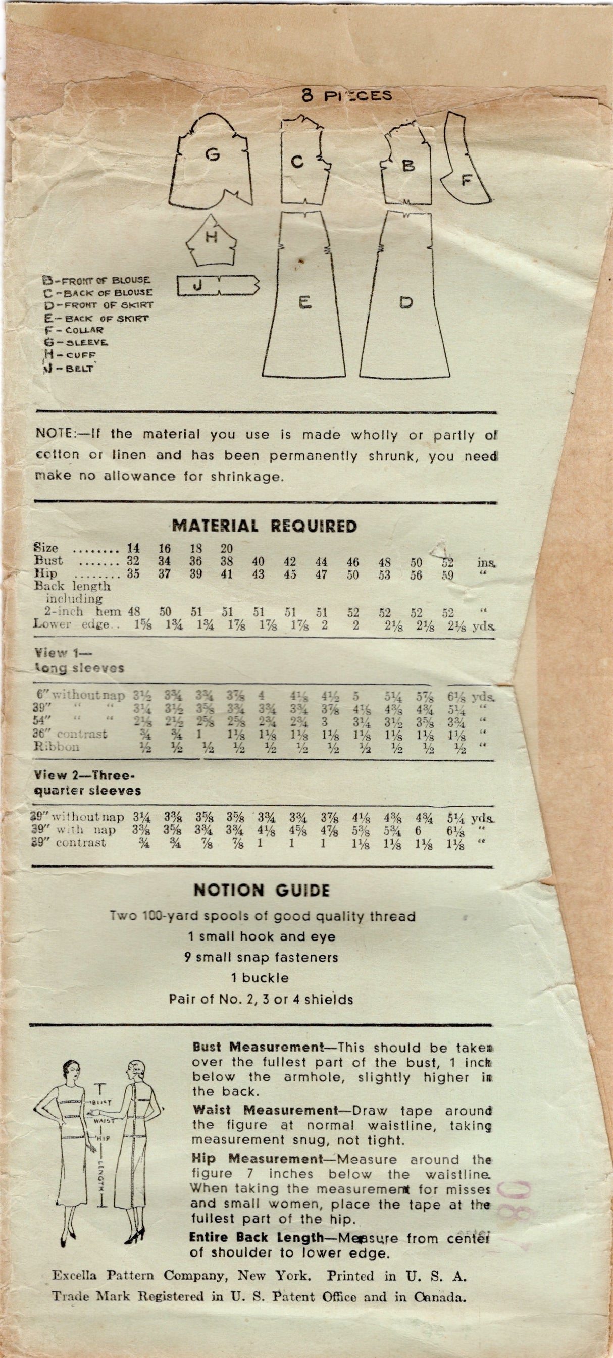 1930's Excella One Piece Dress Pattern with Large Jabot Collar and Bishop Sleeve - Bust 38" - No. 4665