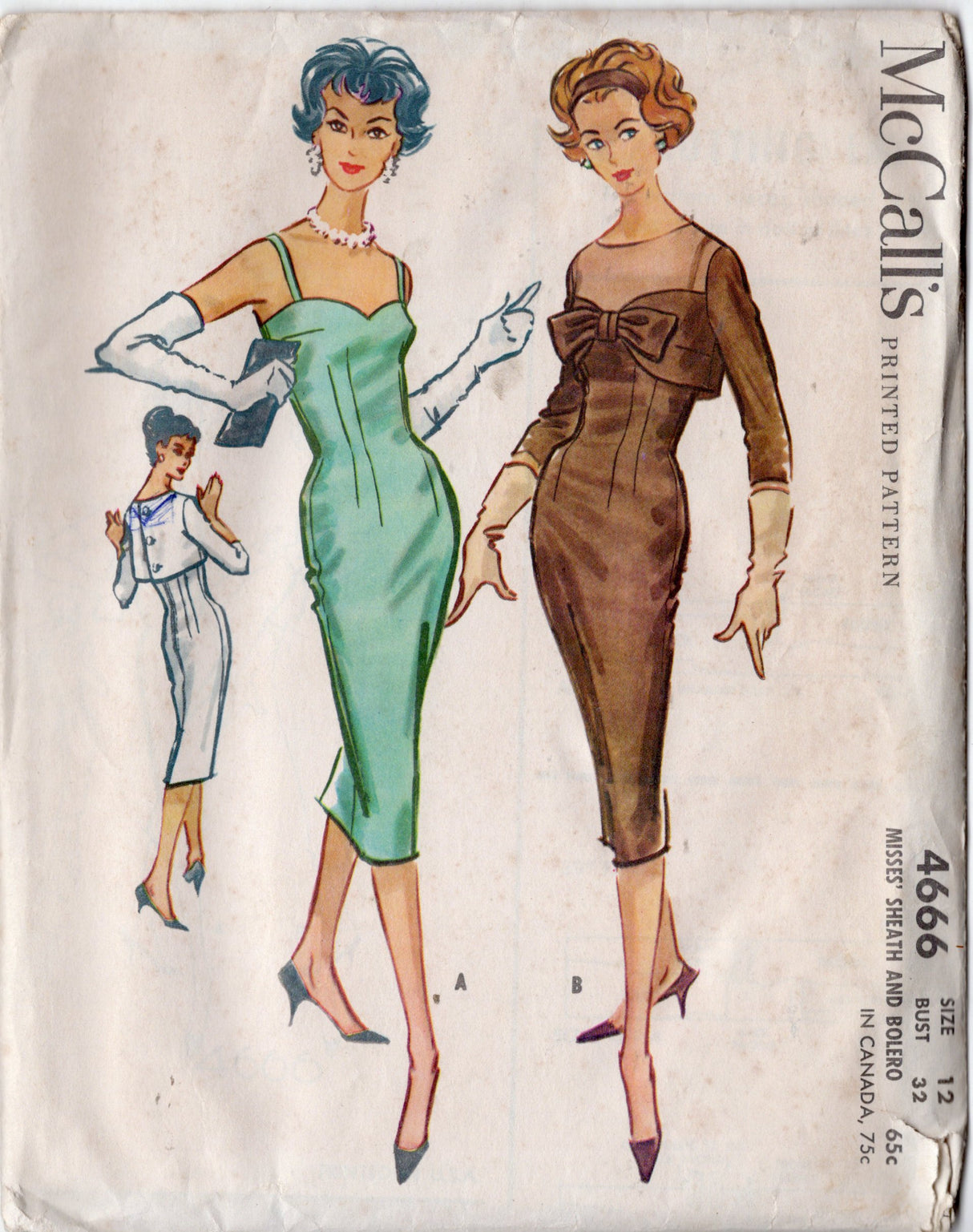 1950's McCall's One Piece Sheath Dress with Thin Straps and Bolero with Large Bow Pattern - Bust 32" - No. 4666