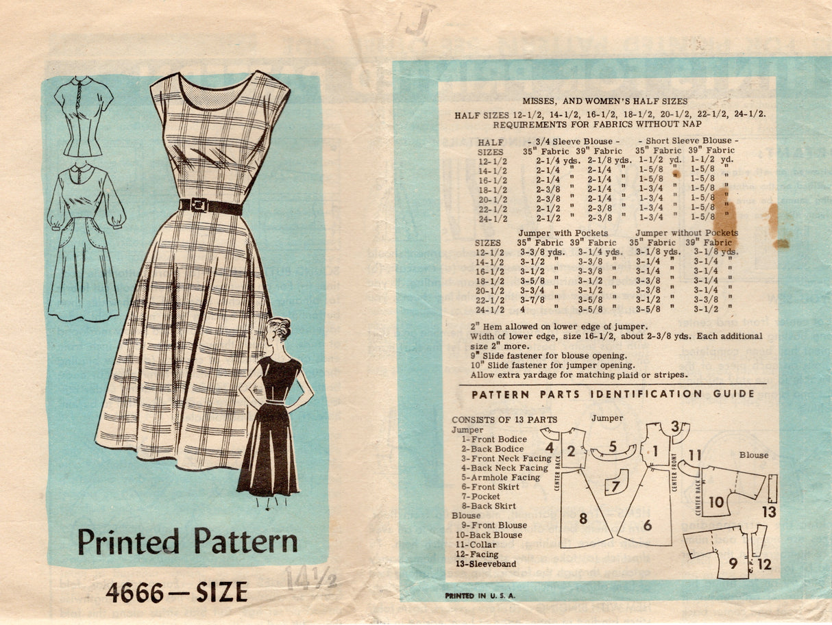 1950's Anne Adams Scoop Neckline Jumper Dress and Blouse Sleeve- Bust 35" - No. 4666
