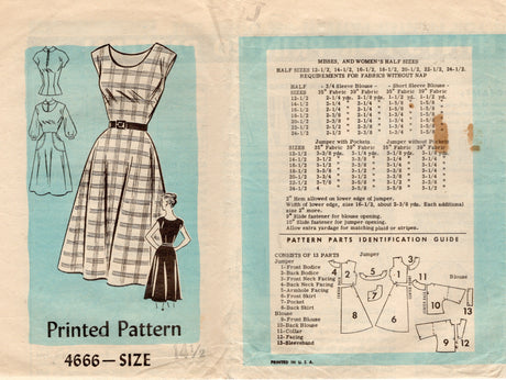 1950's Anne Adams Scoop Neckline Jumper Dress and Blouse Sleeve- Bust 35" - No. 4666