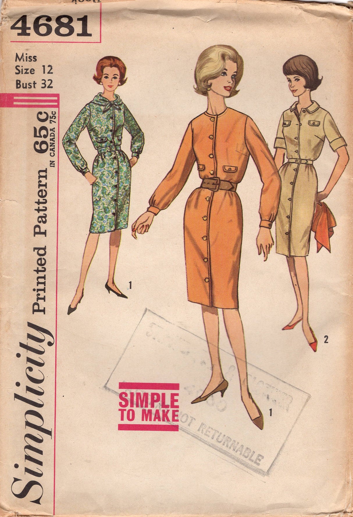 1960's Simplicity Button Front Sheath Dress with Decorative Flaps - Bust 32" - No. 4681