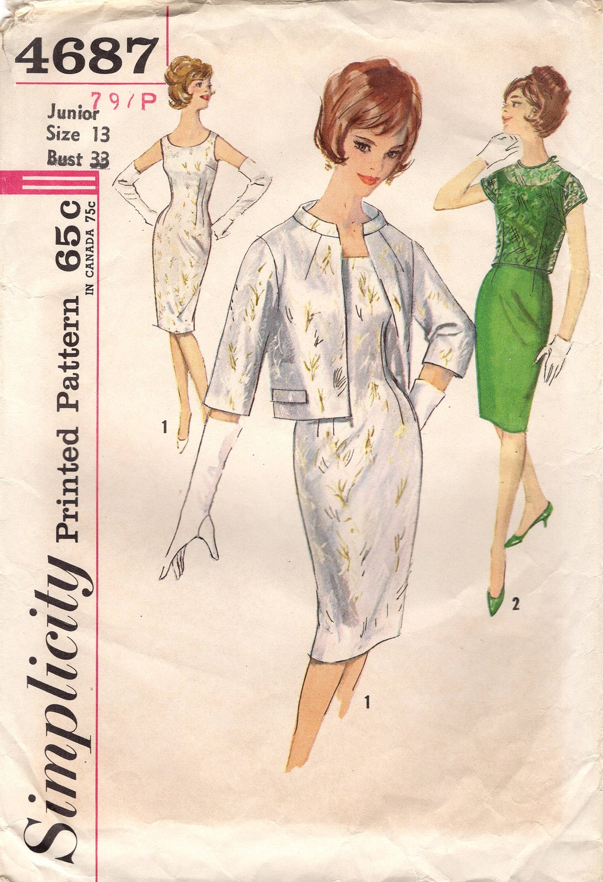 1960's Simplicity Sheath Dress Pattern and Bolero Jacket with Mandarin Collar - Bust 33" - No. 4687