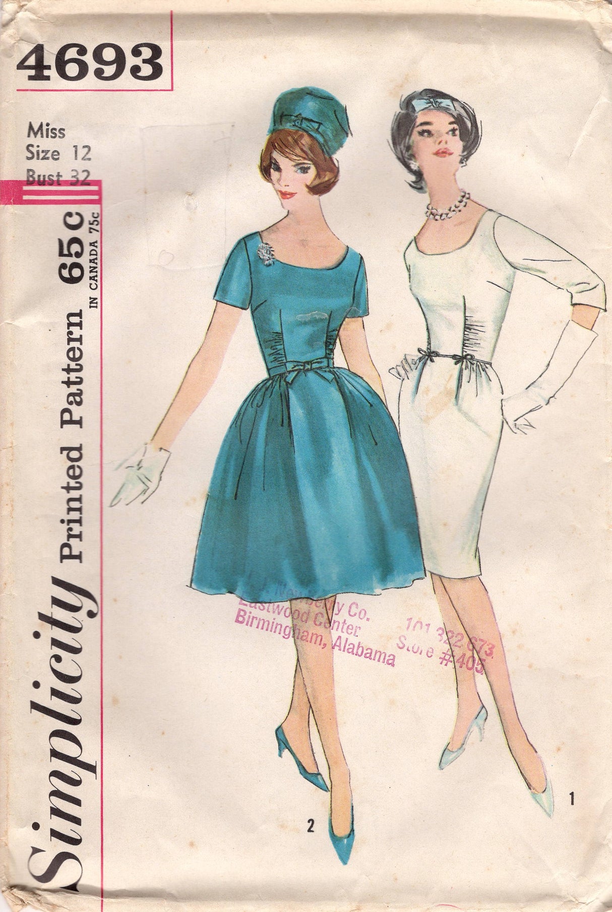 1960's Simplicity One-Piece Gathered Bodice Dress with Two Skirt Styles Pattern - Bust 32" - No. 4693