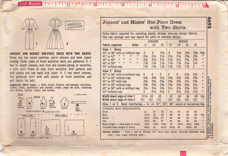 1960's Simplicity One-Piece Gathered Bodice Dress with Two Skirt Styles Pattern - Bust 32" - No. 4693