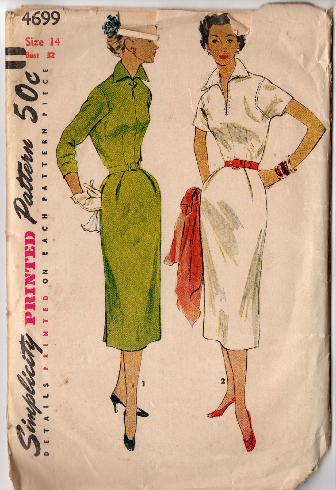 1950's Simplicity Sheath Dress Pattern with Square Armseye and Slit Neckline - Bust 32" - no. 4699