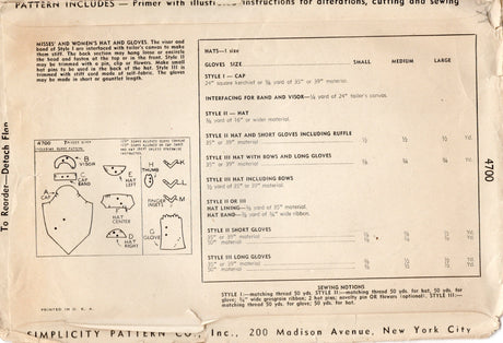 1940’s Simplicity Hat and Gloves Pattern- Hat One Size - Gloves size Medium - No. 4700