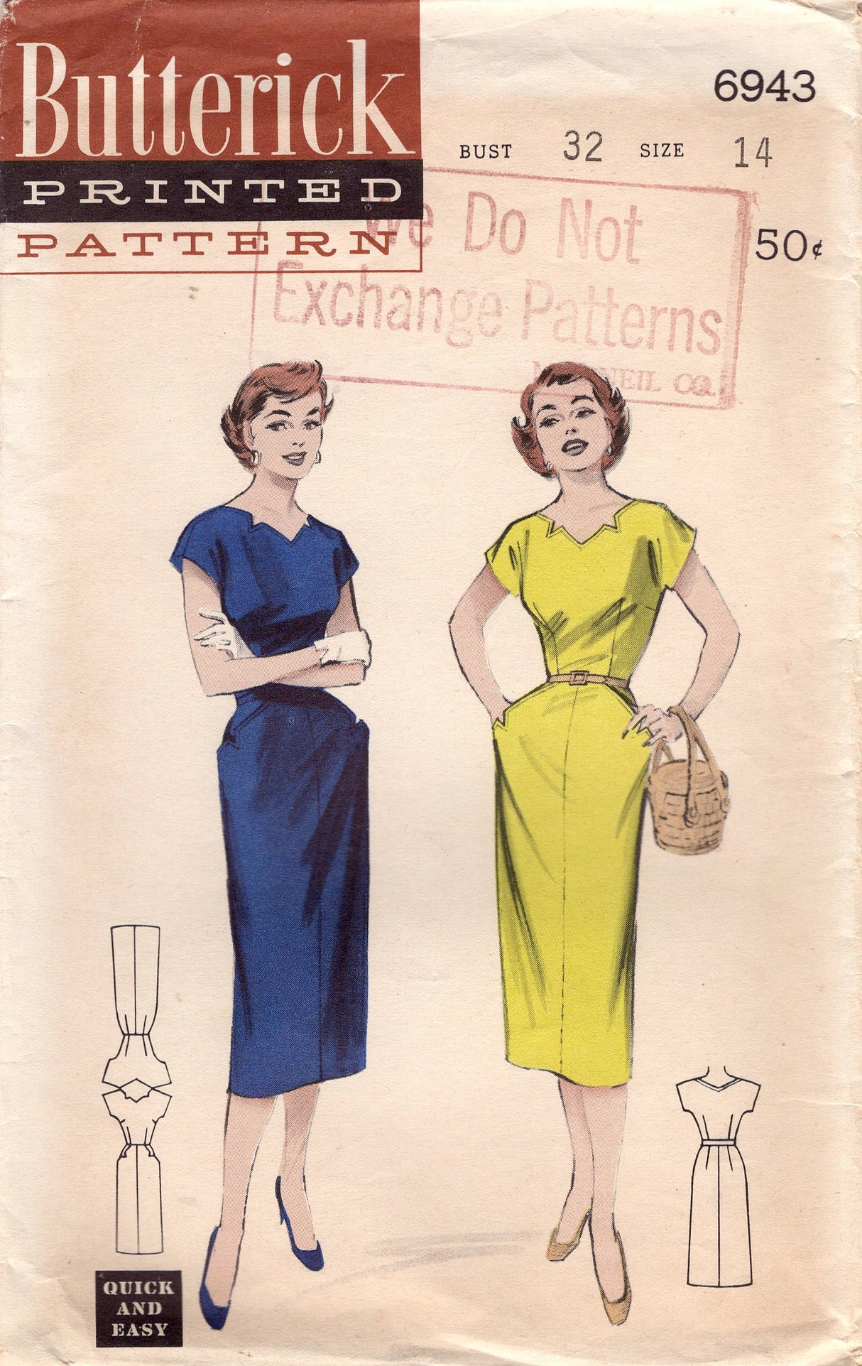 1950's Butterick Sheath Dress Pattern with Notched Neckline and Pockets - Bust 32" - No. 6943