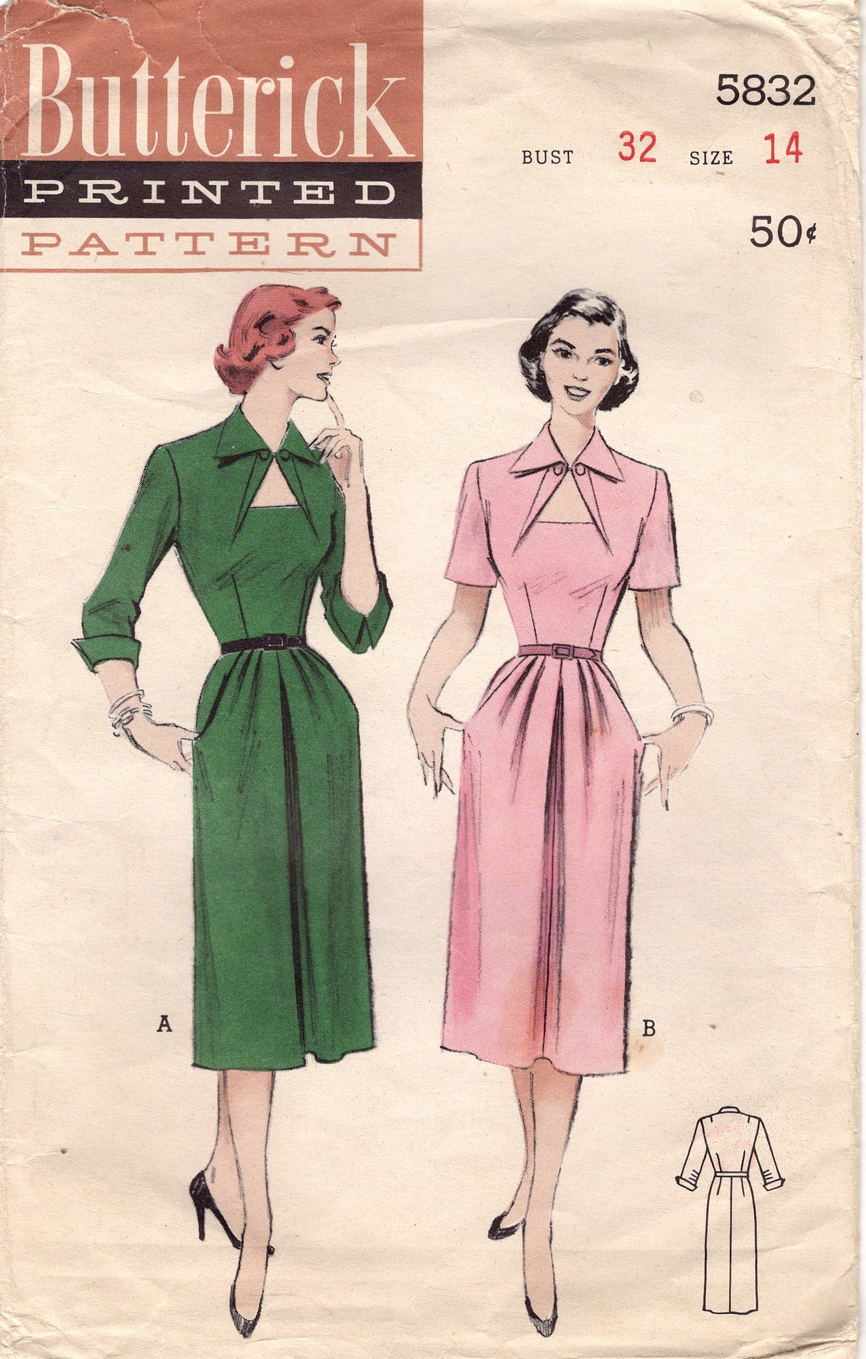 1950's Butterick Detailed Keyhole Neck Dress Pattern- Bust 32" - No. 5832