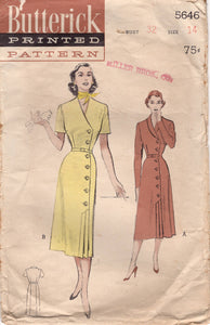 1950's Butterick Side Front Button Sheath Dress Pattern with Kickpleat and optional Rolled Collar - Bust 32" - No. 5646