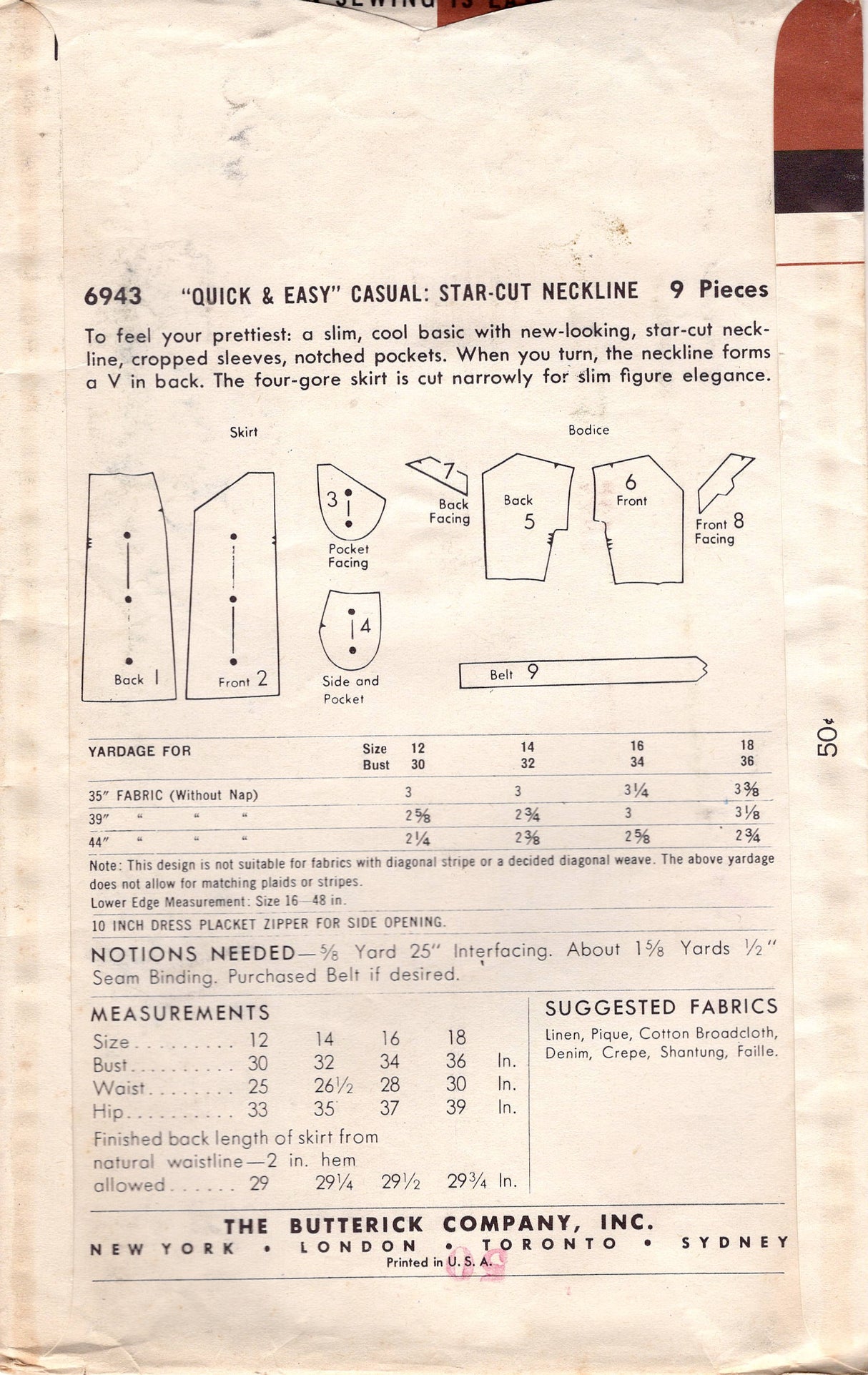 1950's Butterick Sheath Dress Pattern with Notched Neckline and Pockets - Bust 32" - No. 6943