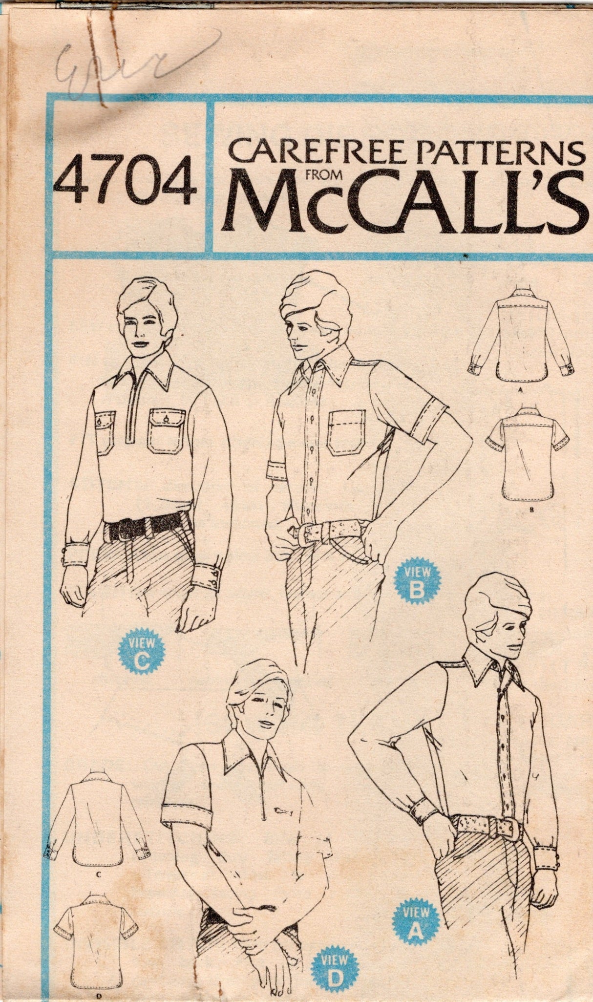 1970's McCall's Men's Shirt Wardrobe Pattern - Chest 46-48" - No. 4704