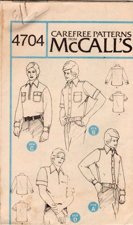 1970's McCall's Men's Shirt Wardrobe Pattern - Chest 46-48" - No. 4704