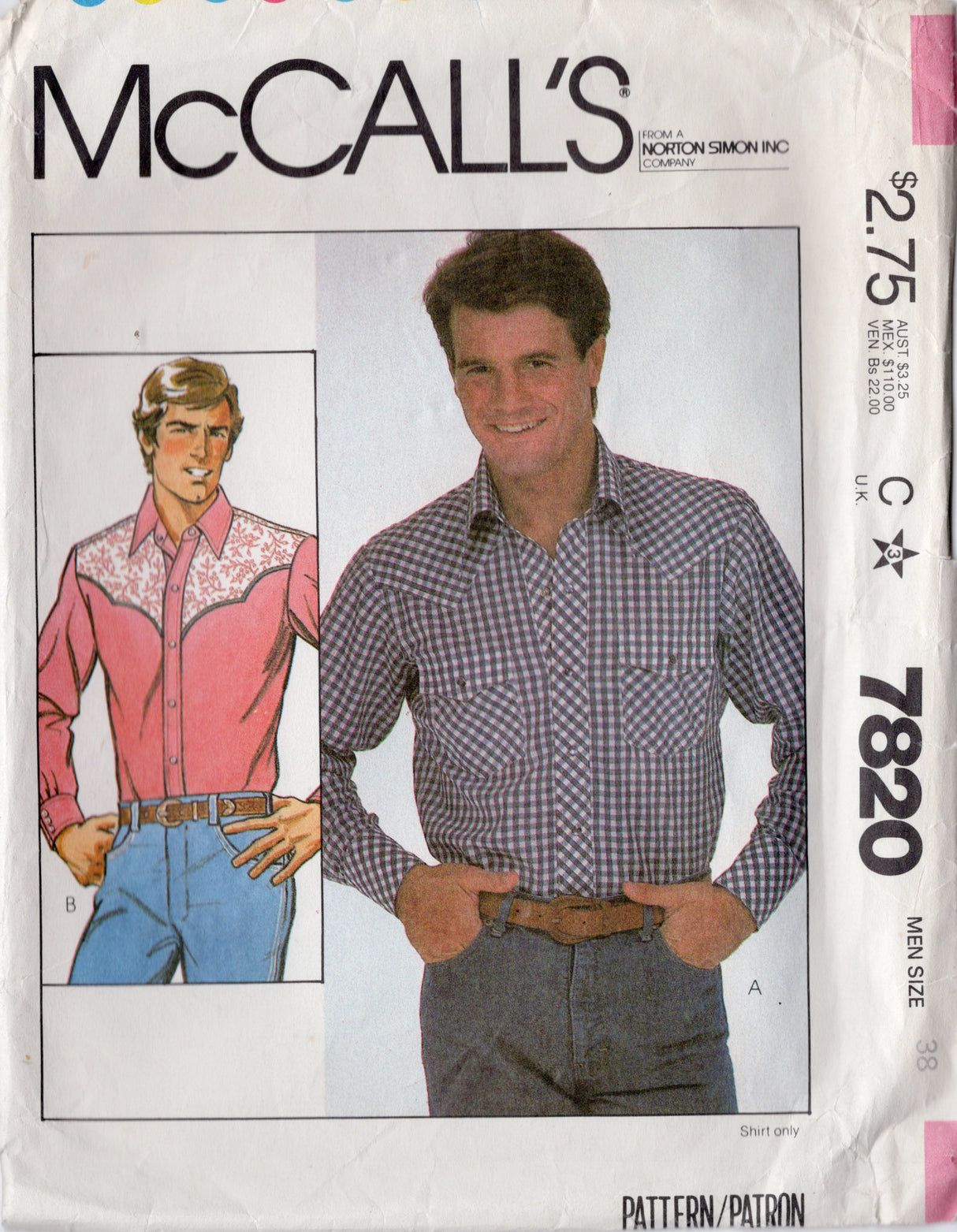 1980's McCall's Men's Western Style Button Up Shirt Pattern - Chest 38" - No. 7820