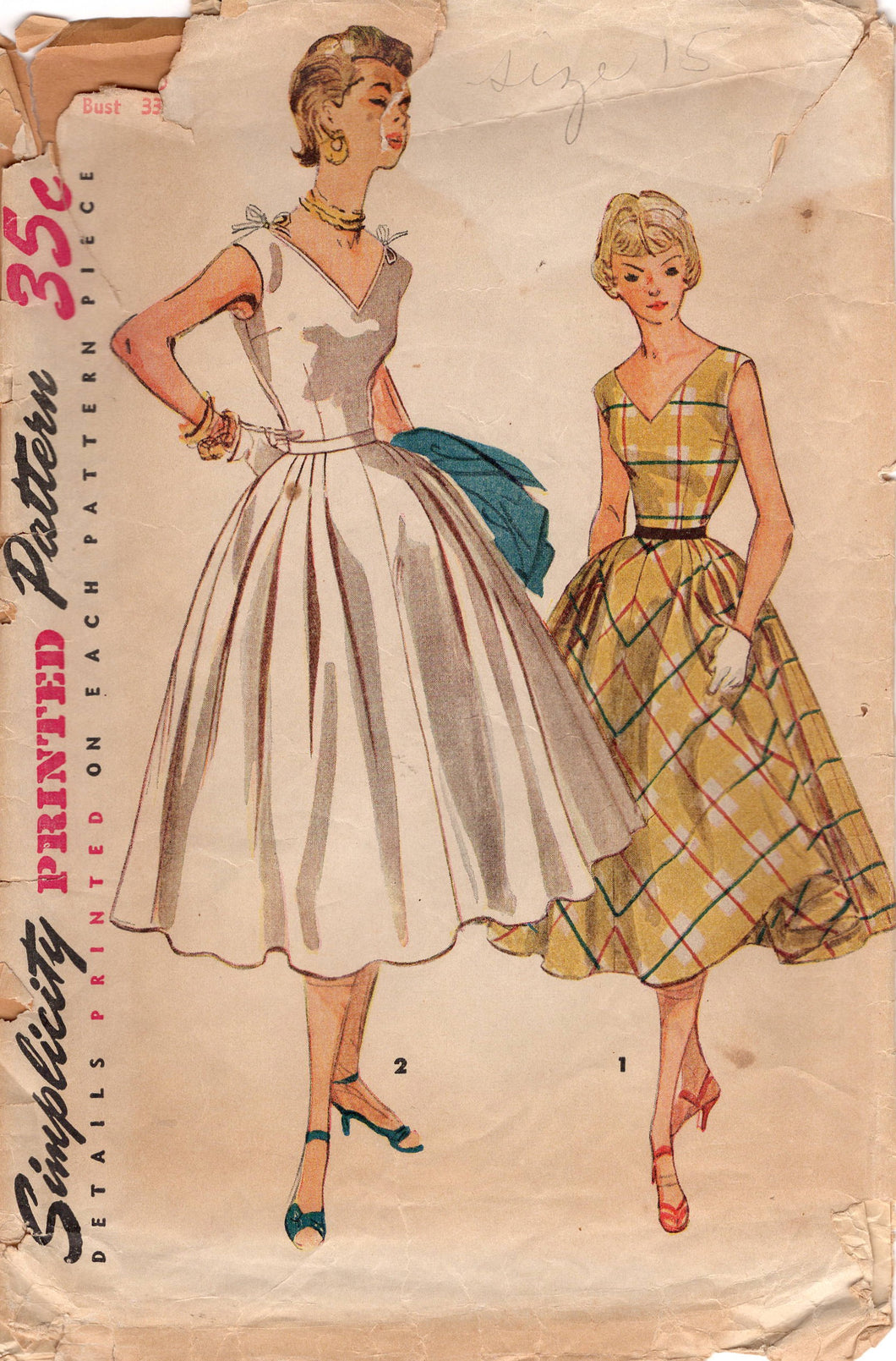 1950's Simplicity Fit and Flare One Piece Side Pleats Dress with V Neck Pattern - Bust 33