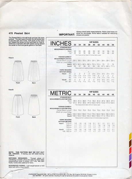 1980's Stretch & Sew Pleated Skirts pattern - Waist 22-38" - No. 470