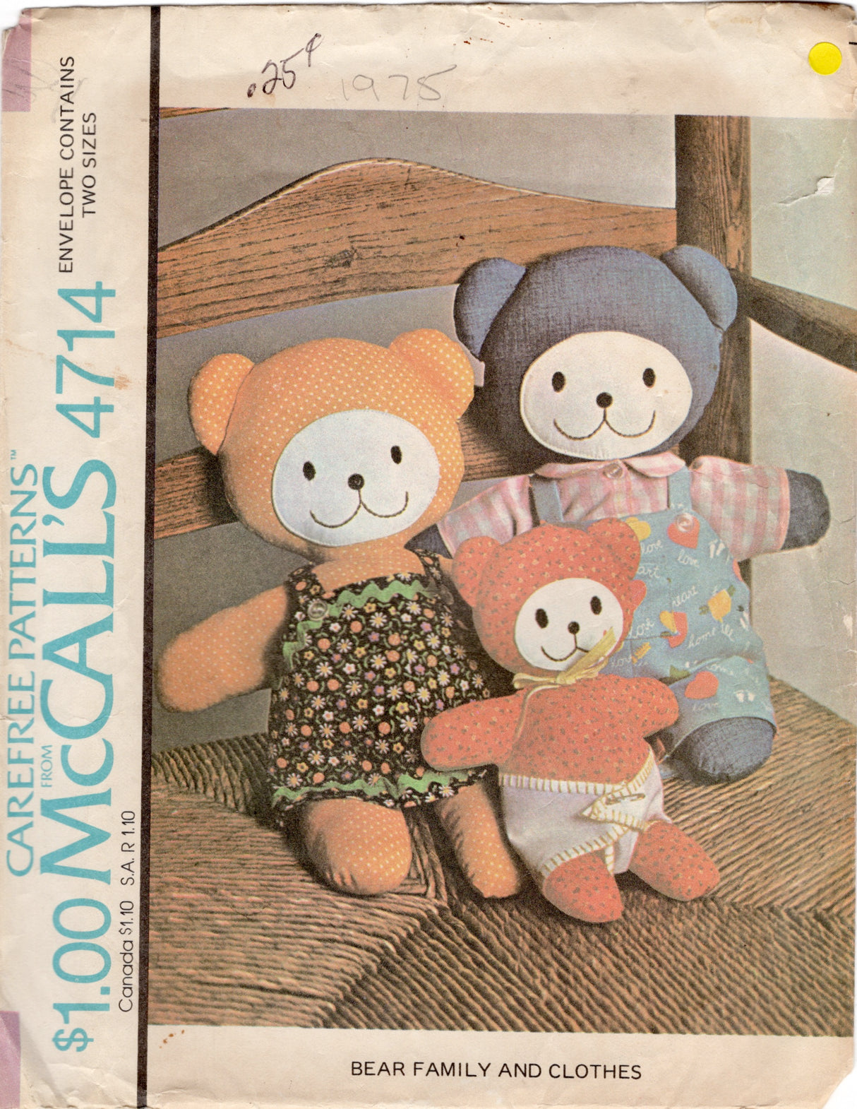 1970's McCall's Teddy Bear Family and Clothing - 14"  and 9.5" doll - No. 4714