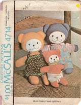 1970's McCall's Teddy Bear Family and Clothing - 14"  and 9.5" doll - No. 4714