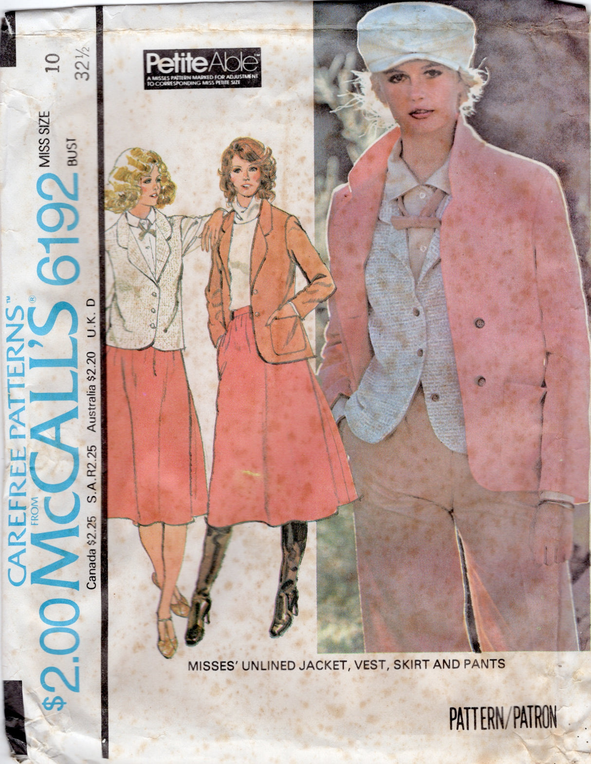 1970's McCall's Unlined Jacket, Vest, Skirt and Pants pattern - Bust 32.5" - No. 6192