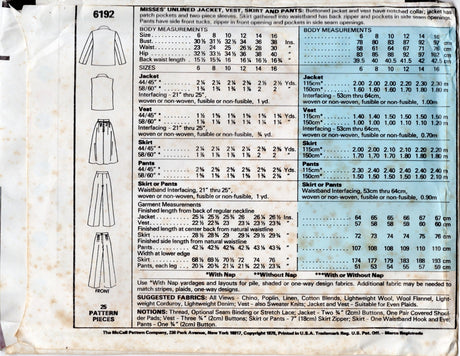 1970's McCall's Unlined Jacket, Vest, Skirt and Pants pattern - Bust 32.5" - No. 6192