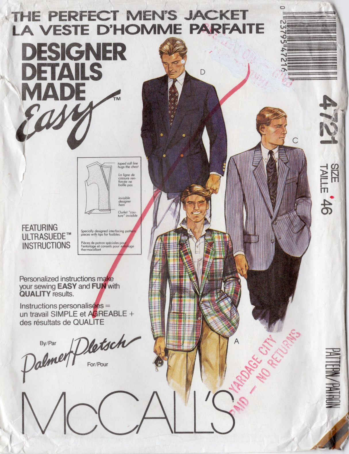 1980's McCall's Men's Single Breasted Jacket Pattern - Chest 46" - No. 4721