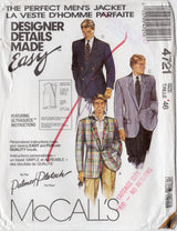 1980's McCall's Men's Single Breasted Jacket Pattern - Chest 46" - No. 4721