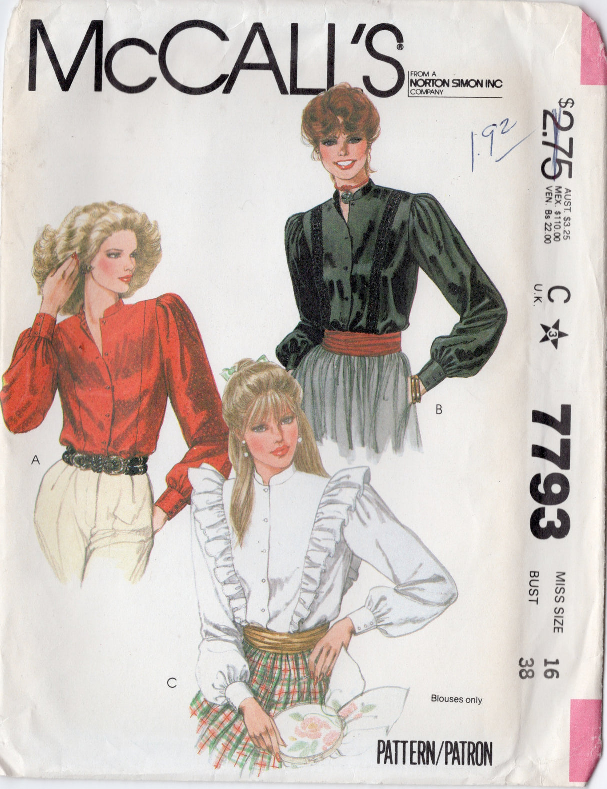 1980's McCall's Button up Blouse with ruffle accent and stand collar - Bust 38" - No. 7793