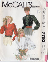 1980's McCall's Button up Blouse with ruffle accent and stand collar - Bust 38" - No. 7793