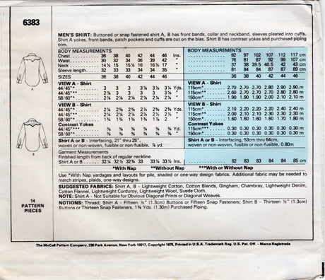 1970's McCall's Men's Western Button Up Shirt Pattern - Chest 40" - No. 6383