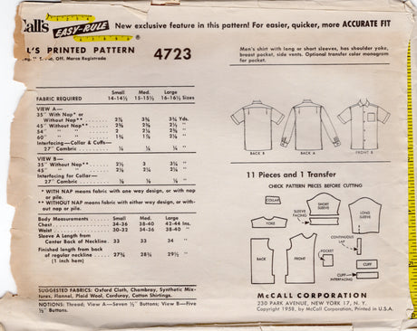 1970's McCall's Men's Button Up Shirt Pattern - Chest 34-36" - No. 4723