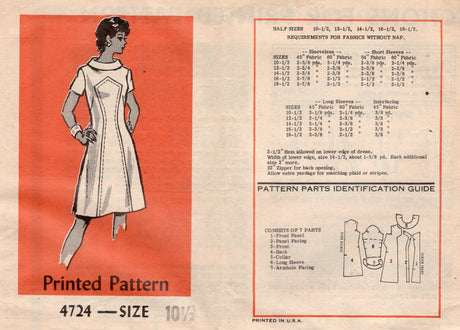 1970's Mail Order Front Accent Panel Dress Pattern - Bust 33" - No. 4724