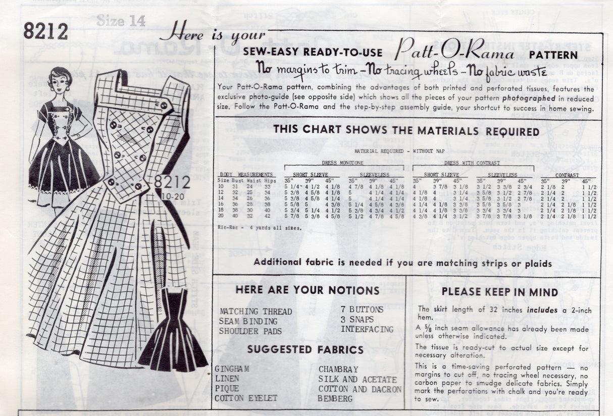 1960's Patt-O-Rama One Piece Dress with Double Breasted Front Panel - Bust 34" - No. 8212