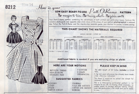 1960's Patt-O-Rama One Piece Dress with Double Breasted Front Panel - Bust 34" - No. 8212