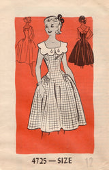 1950's Anne Adams One Piece Dress with Gathered Skirt panels and Button on Scallop Collar - Bust 30" - No. 4725