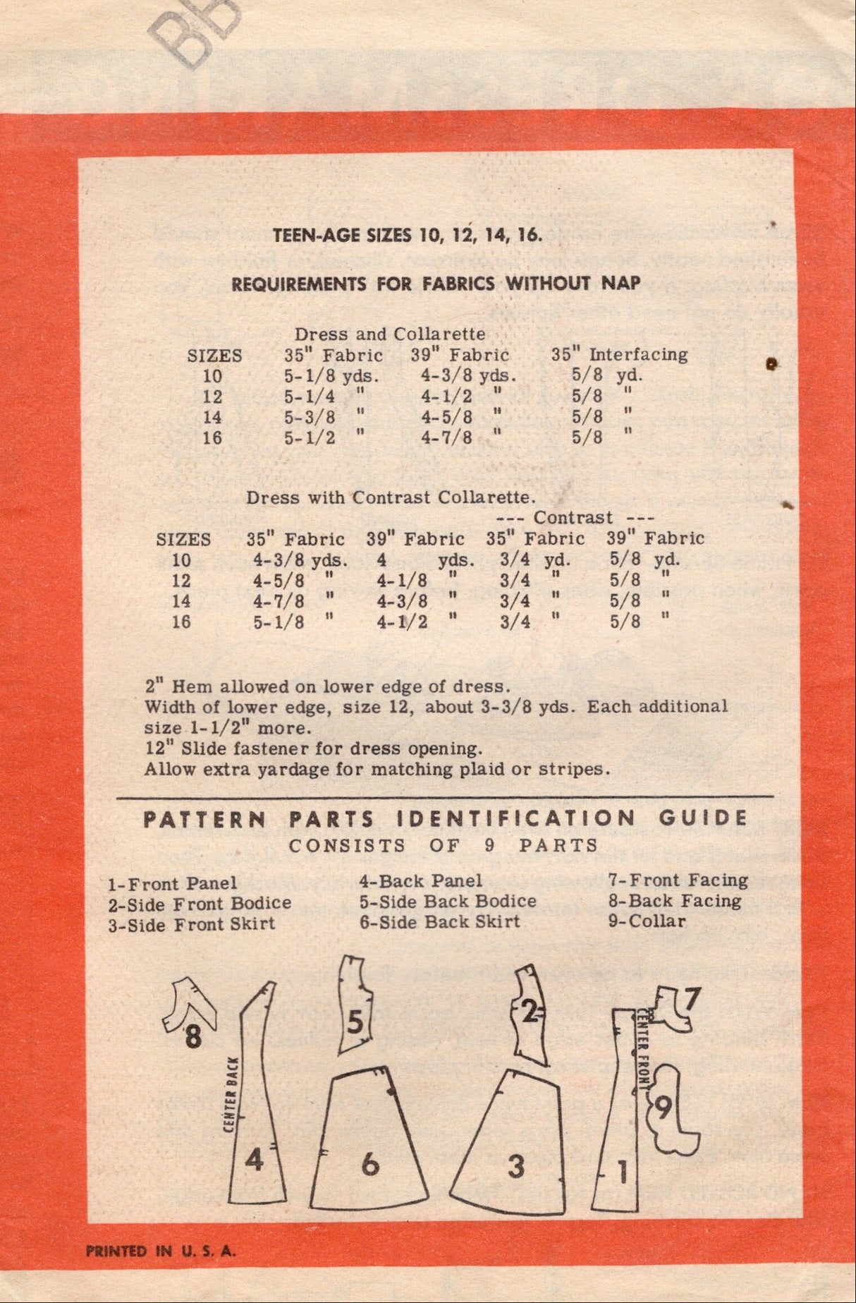 1950's Anne Adams One Piece Dress with Gathered Skirt panels and Button on Scallop Collar - Bust 30" - No. 4725