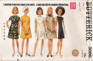 1960's Butterick Princess line Shift Dress with Multiple skirt choices - Bust 34" - No. 5086