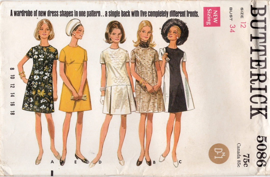 1960's Butterick Princess line Shift Dress with Multiple skirt choices - Bust 34
