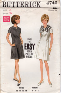 1960's Butterick Princess line Shift Dress with Short Sleeves and Front Loop Accent - Bust 34" - No. 4740