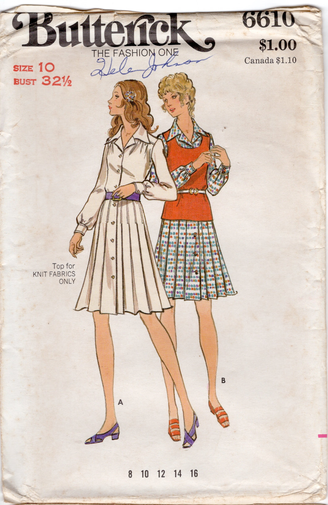 1970's Butterick One Piece Button Up Dress and Pullover Top Pattern - Bust 32.5