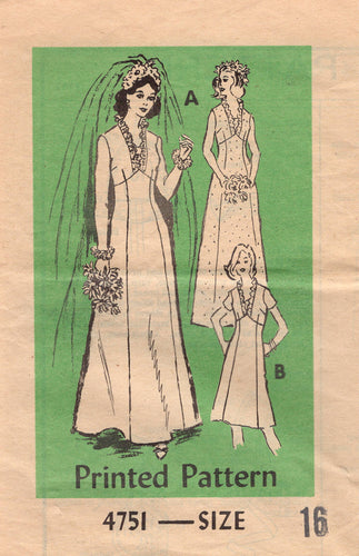 1970's Mail Order Empire Waist Wedding Gown or Bridesmaid Dress Pattern - Bust 38