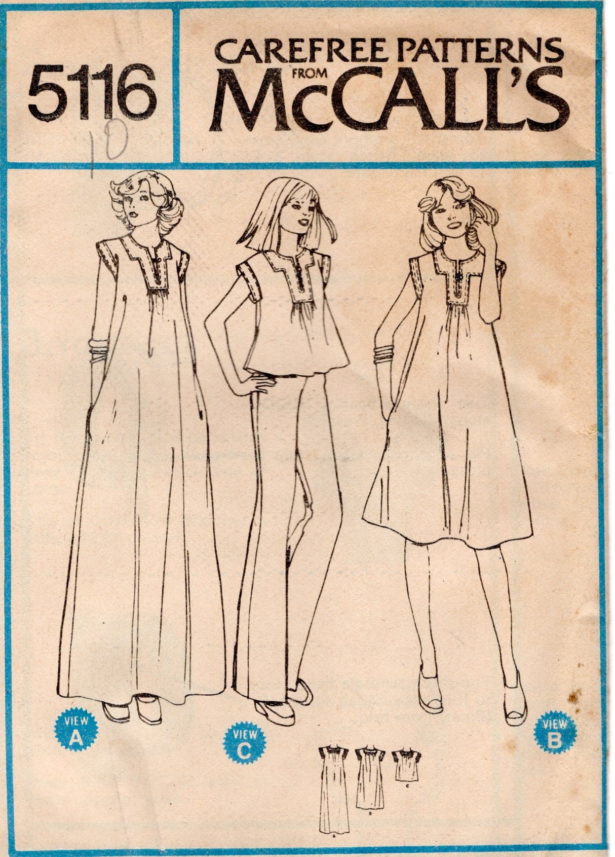 1970's McCall's Pullover Maxi or Midi Dress and Tunic Pattern  - Bust 32.5" - No. 5116