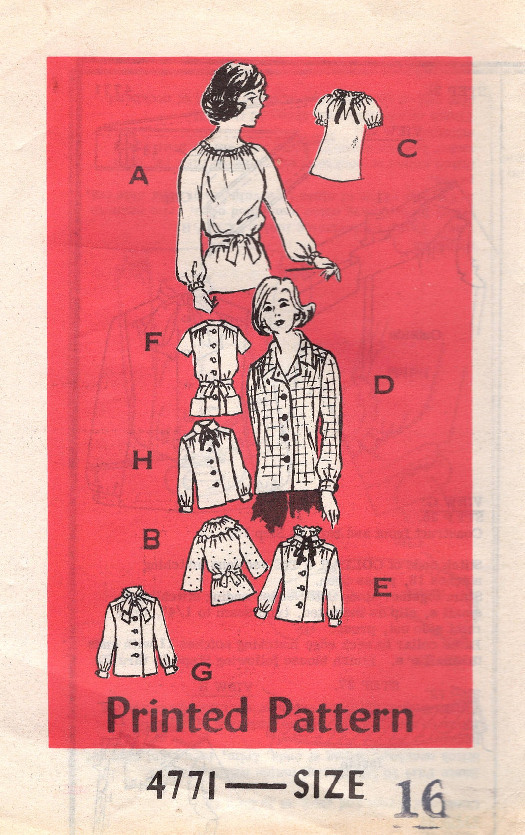1980's Anne Adams Blouse Pattern in 8 varieties - Bust 38