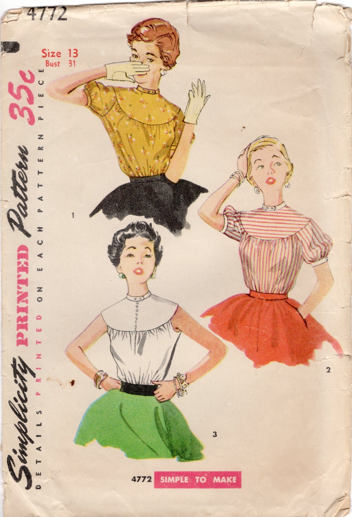 1950's Simplicity Large Yoked Blouse Pattern - Bust 31" - No. 4772