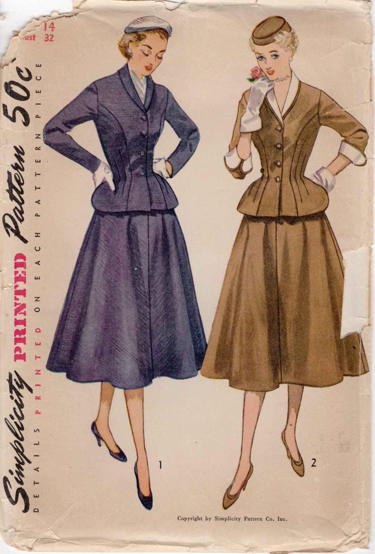 1950's Simplicity Two Piece Suit Pattern with Fitted Jacket - Bust 32" - No. 8465
