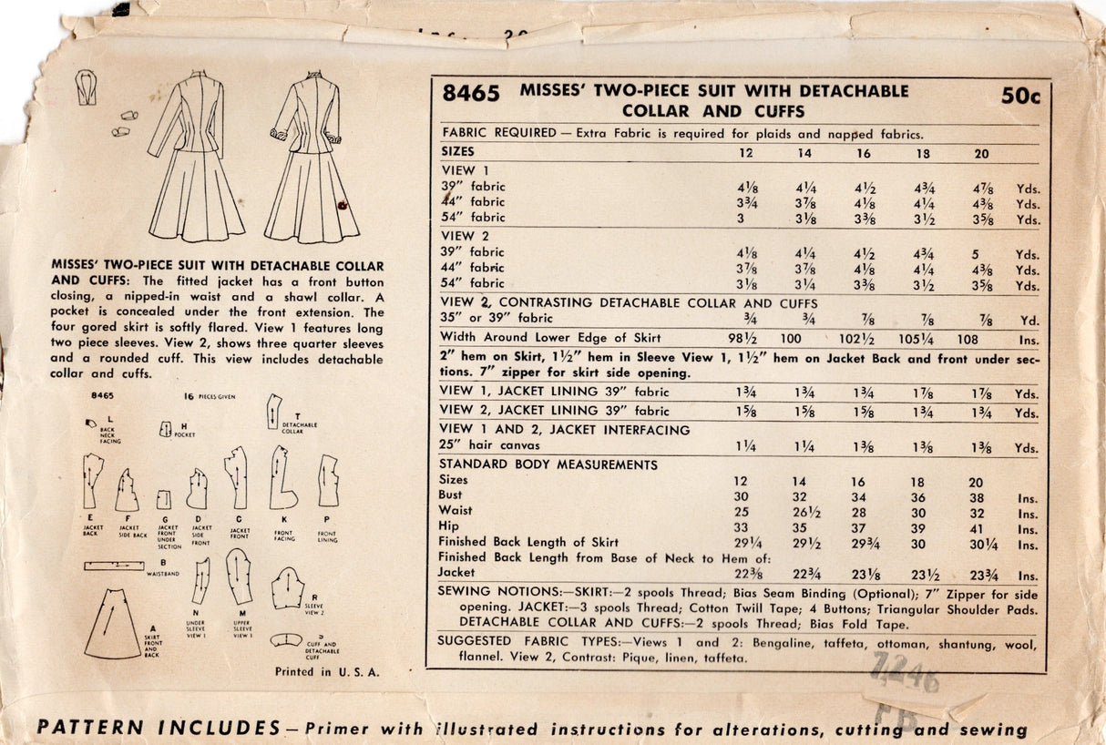 1950's Simplicity Two Piece Suit Pattern with Fitted Jacket - Bust 32" - No. 8465