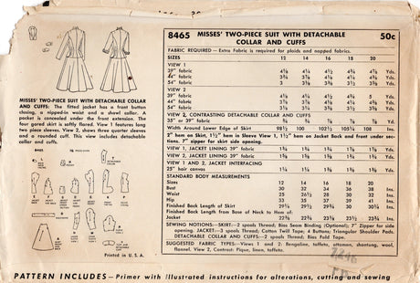 1950's Simplicity Two Piece Suit Pattern with Fitted Jacket - Bust 32" - No. 8465